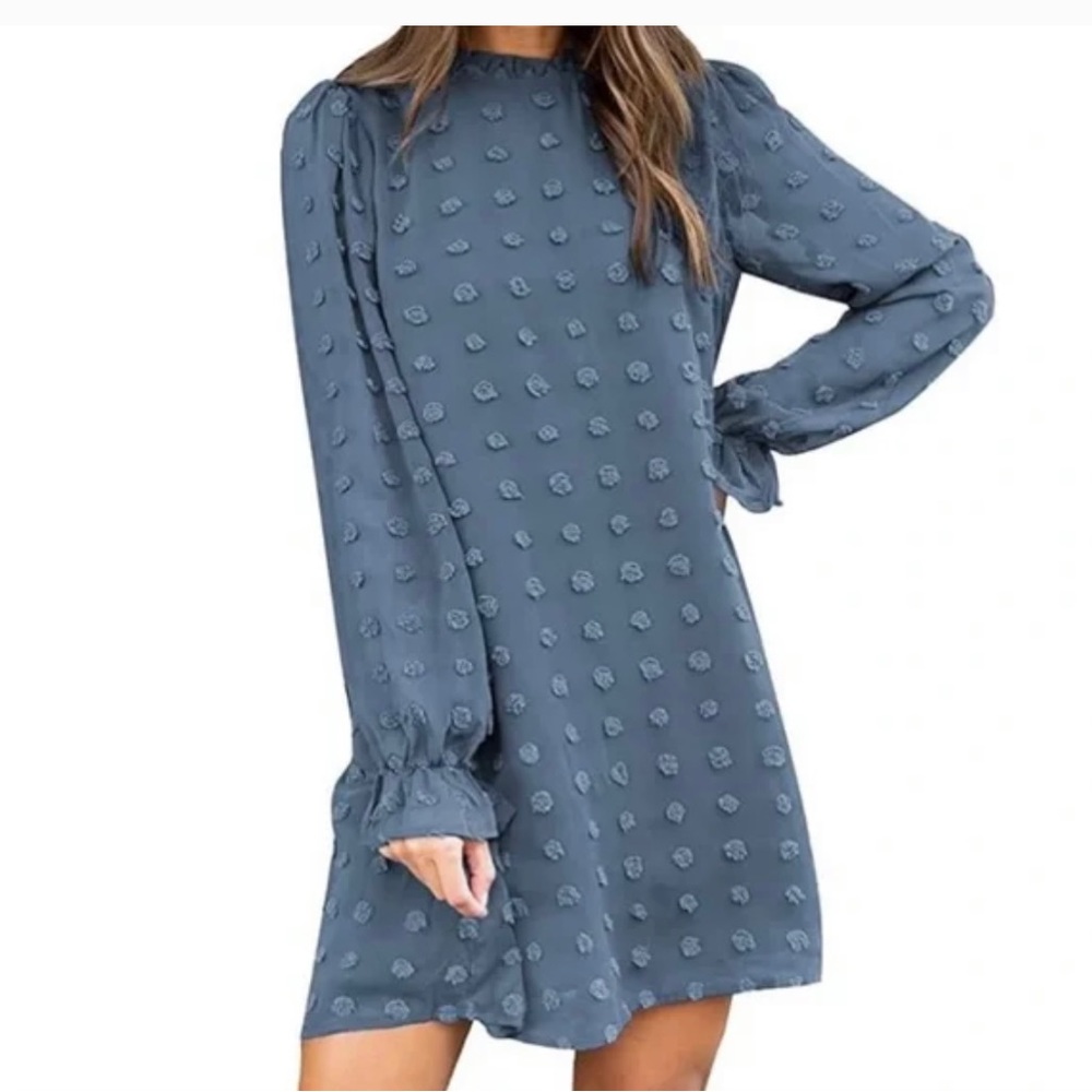 Blue Dress Swiss Polkadot dress blue grey  Swiss Polka Dot Dress XL NWT Boutique - Picture 9 of 12